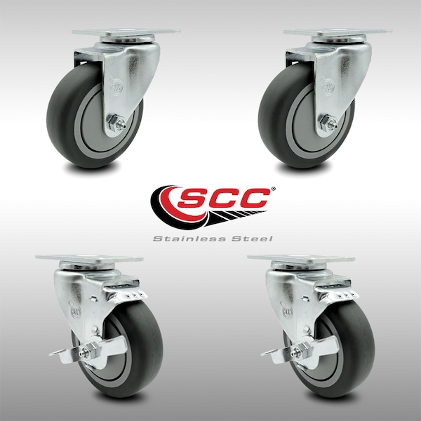Service Caster 4 Inch SS Thermoplastic Rubber Wheel Swivel Top Plate Caster Set with 2 Brakes SCC-SS20S414-TPRB-2-TLB-2 - main